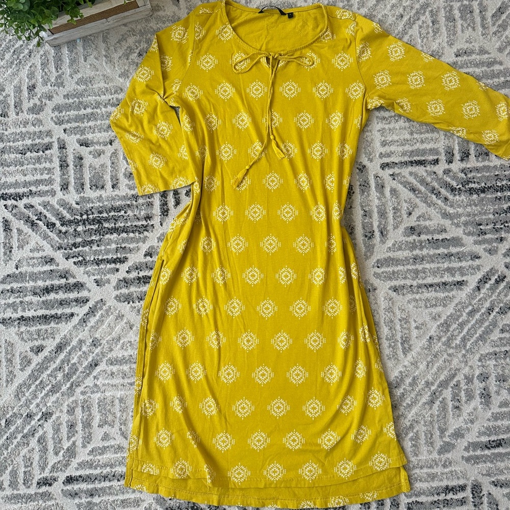 Melange Yellow Long Sleeve Dress with White Pattern